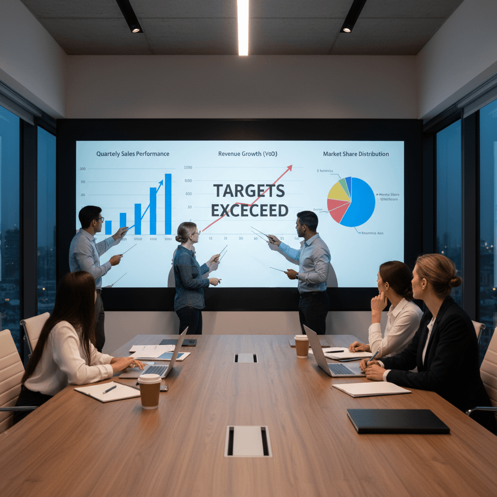 Team reviewing campaign performance data on screen