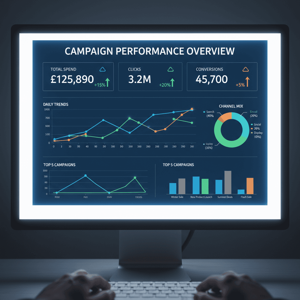 Digital marketing dashboard with analytics and performance charts