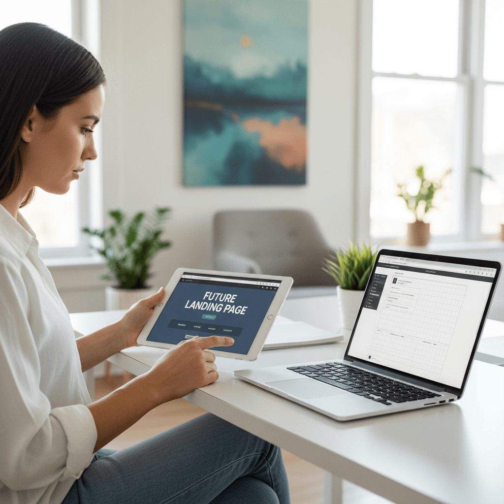 Web designer crafting landing page on tablet