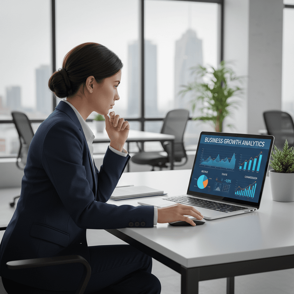 Professional analyzing digital marketing dashboard on laptop