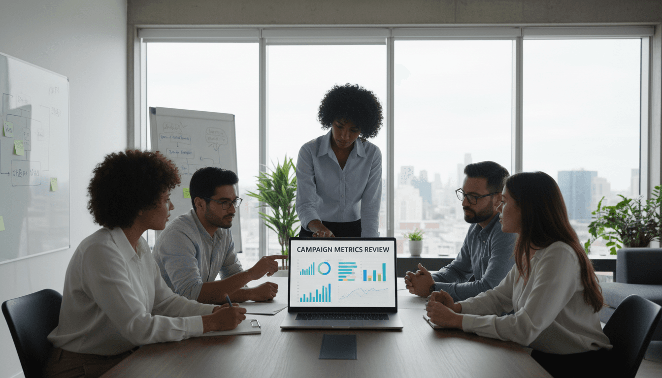 Marketing team analyzing Google Ads campaign data on a laptop