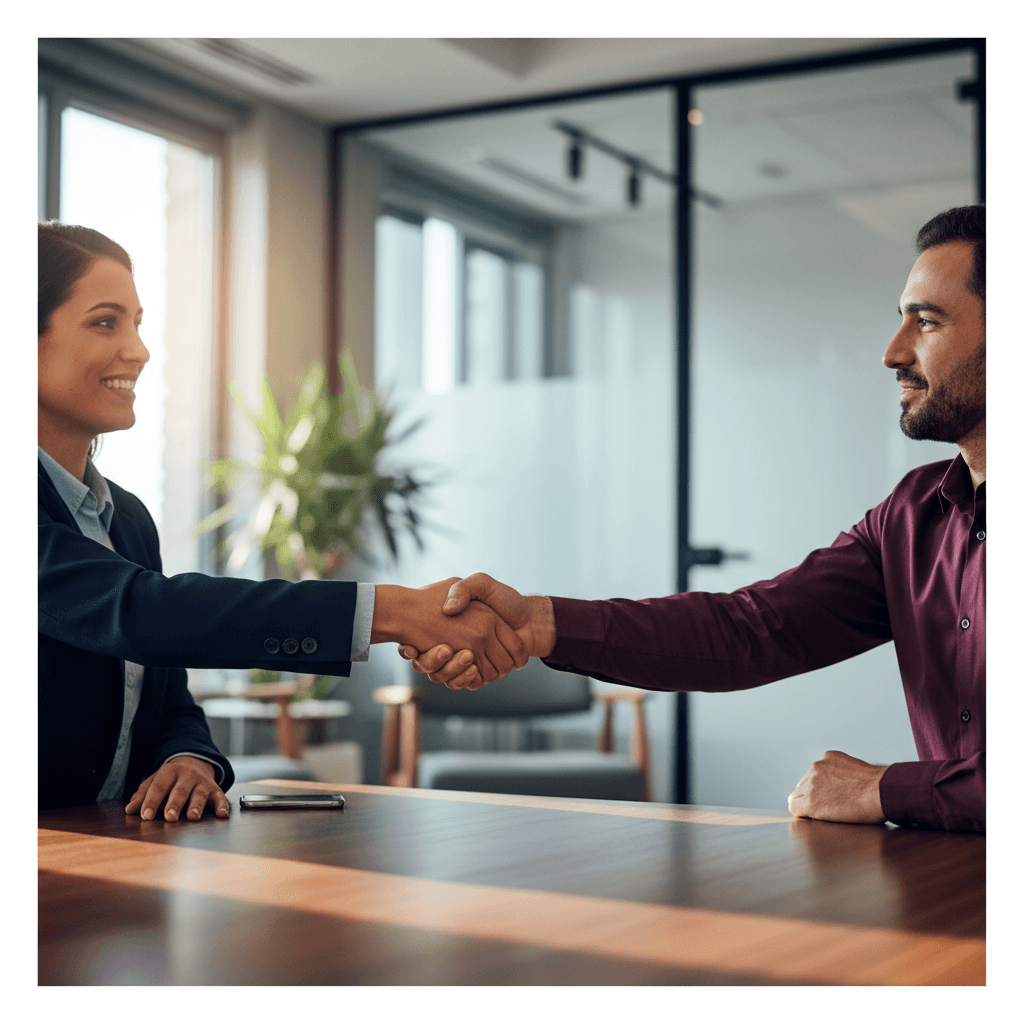 Marketer shaking hands with client after successful campaign meeting