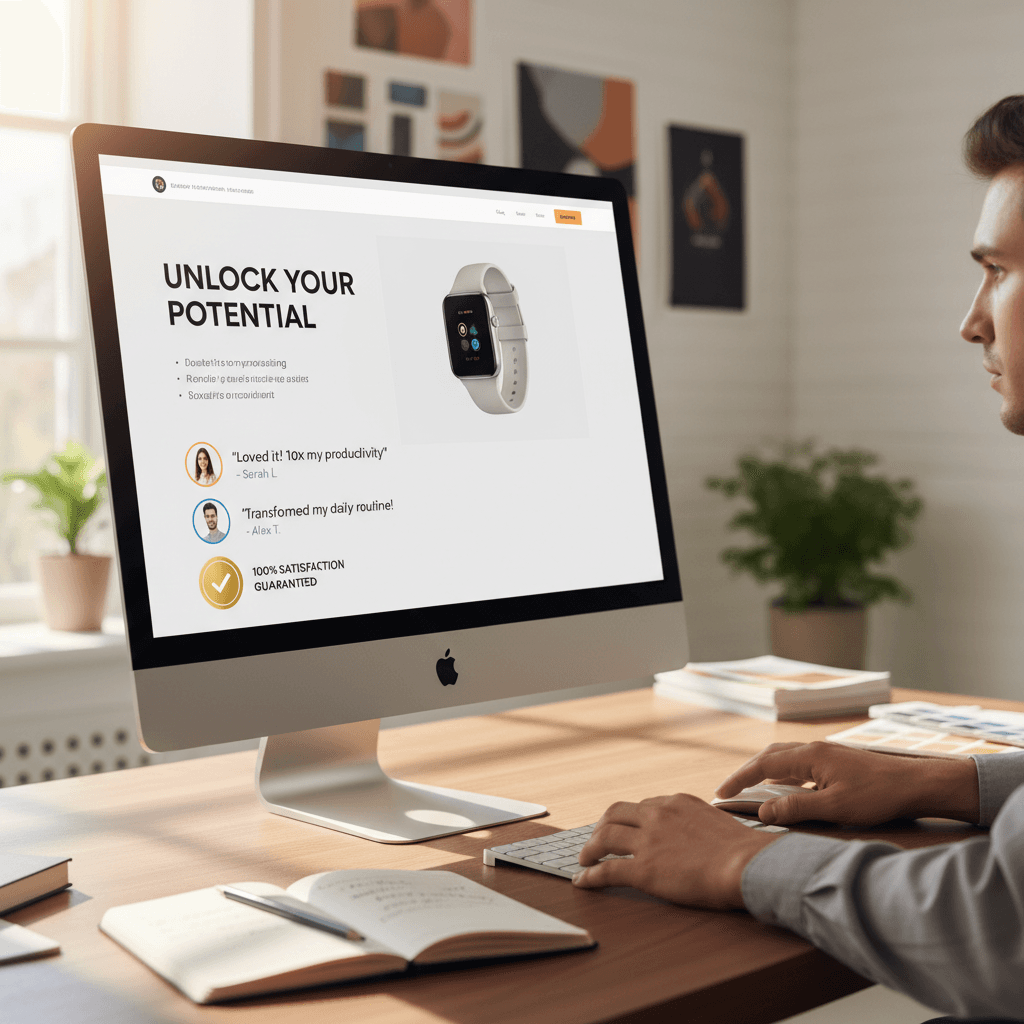 Landing page design being edited on desktop screen