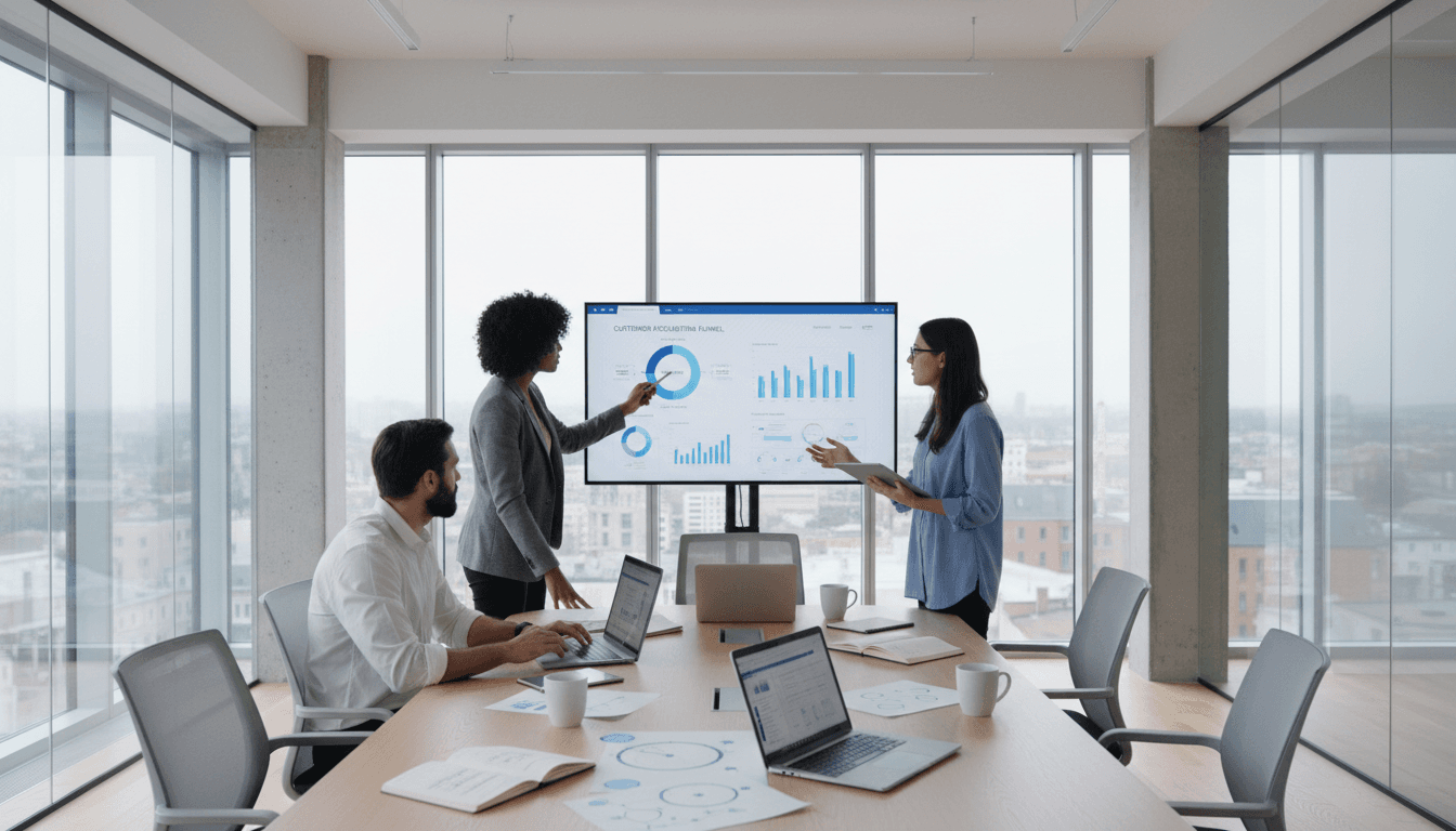 Marketing team discussing data in a bright meeting room