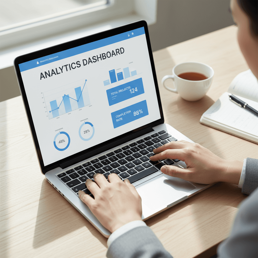 Hands typing on laptop with analytics dashboard visible on screen