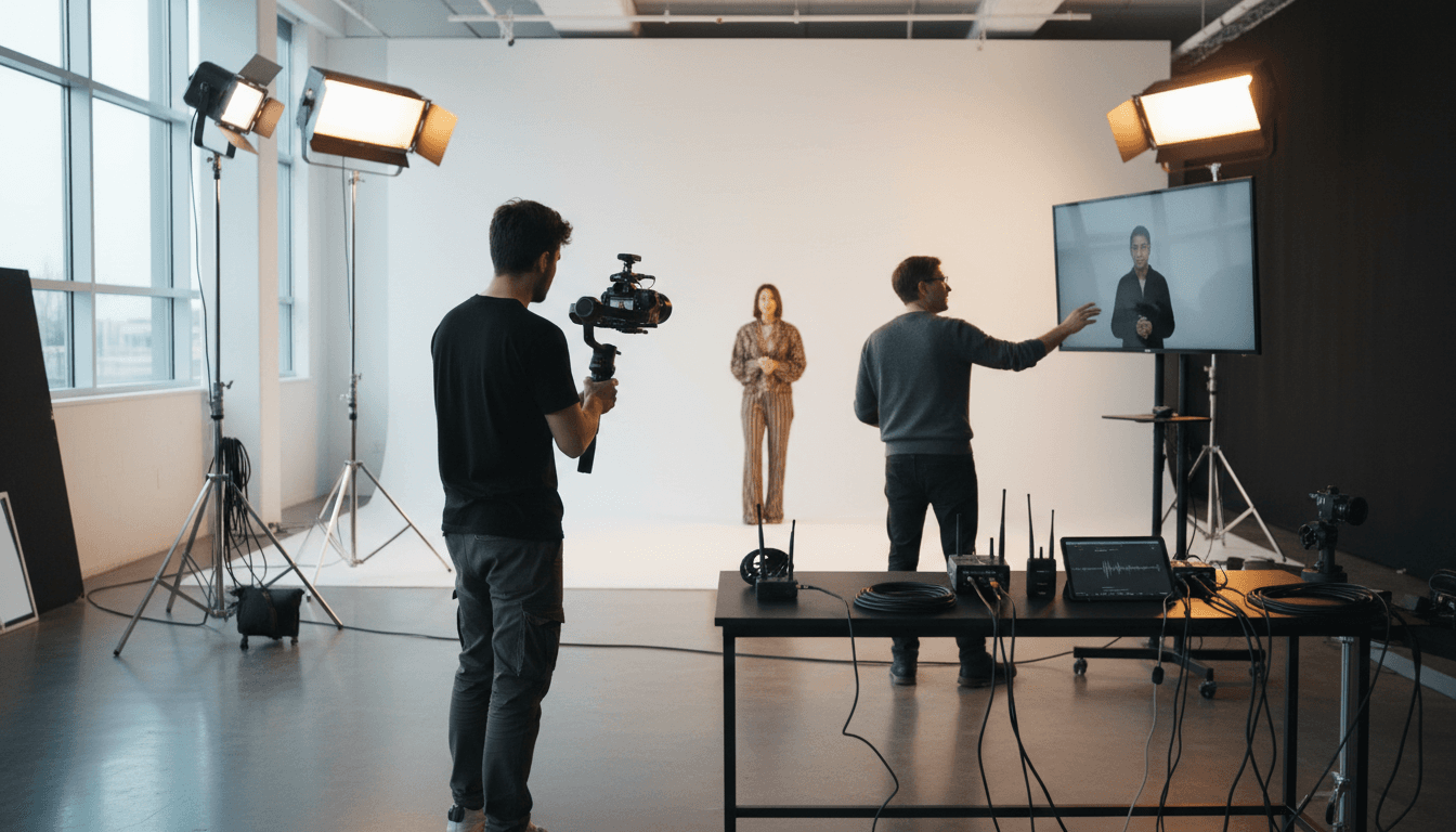 Video production studio with camera and monitor
