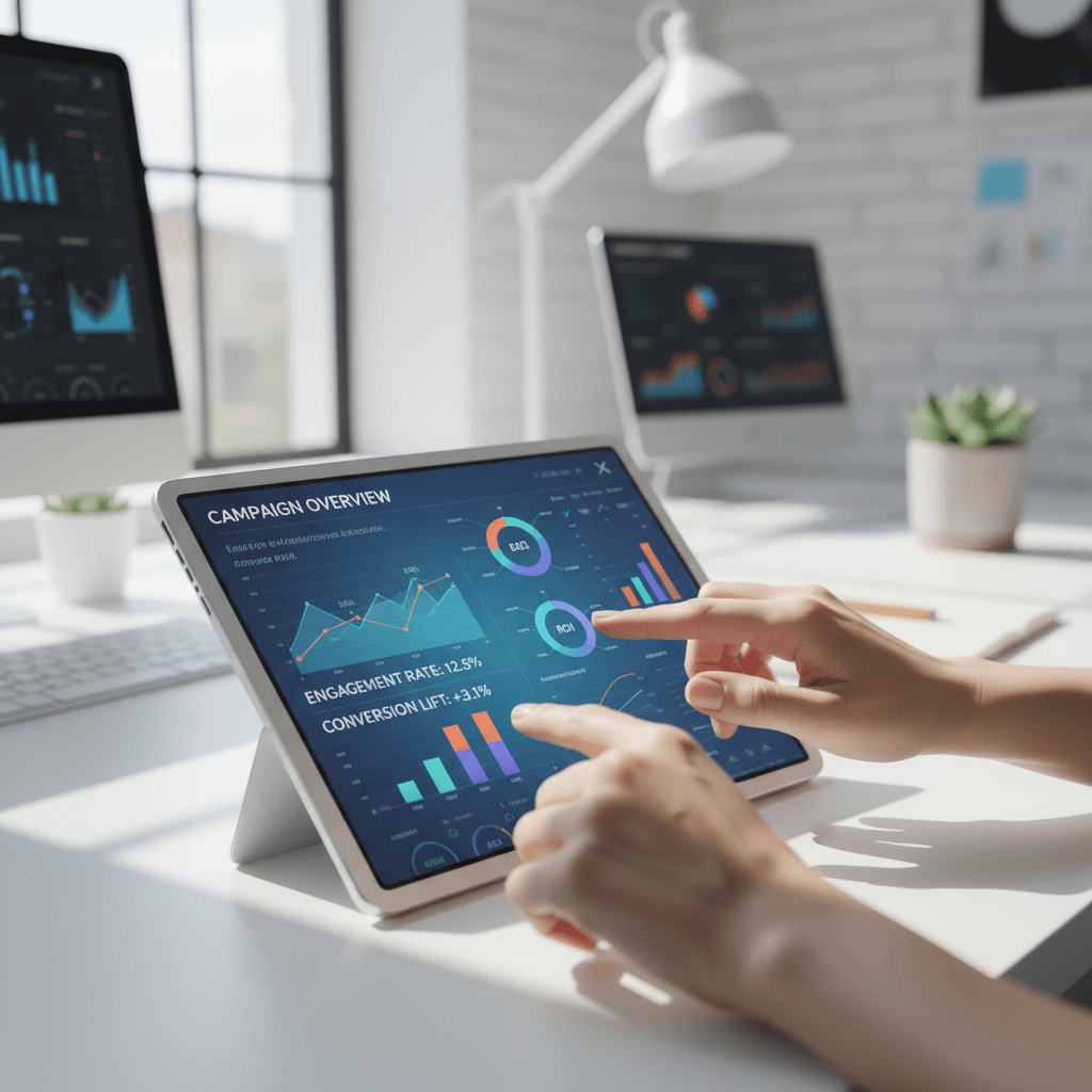 Marketing professional analyzing data on laptop with performance charts in modern office