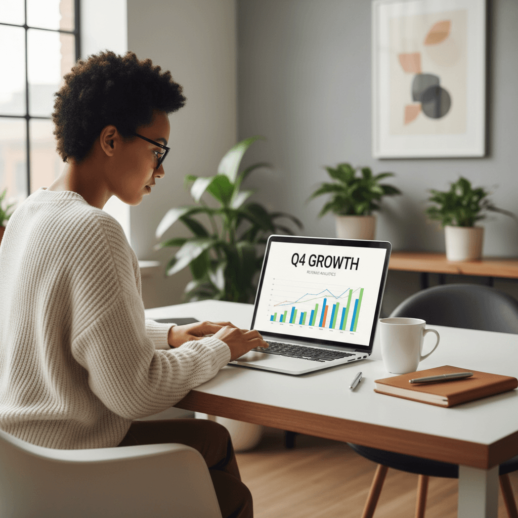 Professional analyzing Google Ads dashboard on laptop